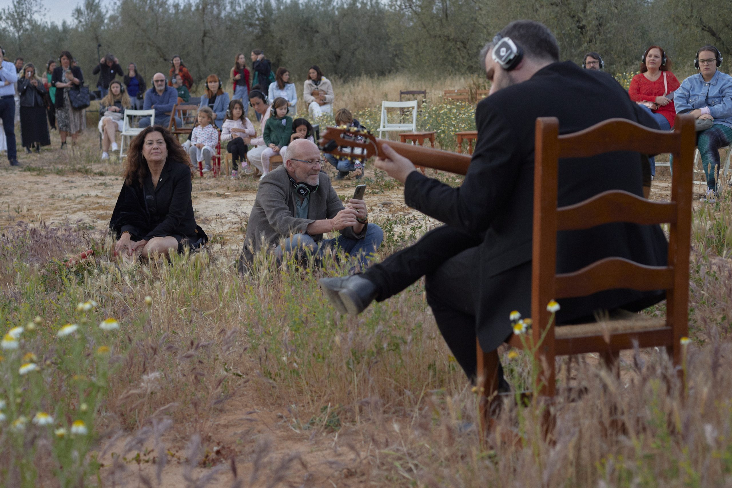 El guitarrista tocando de espaldas ante el público sentado en el suelo del olivar